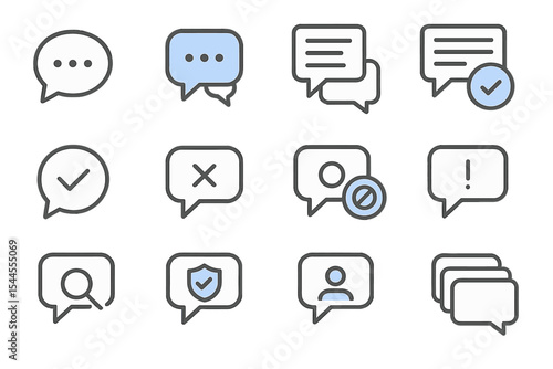 Communication icons set: chat bubbles, checkmarks, crosses, and alerts