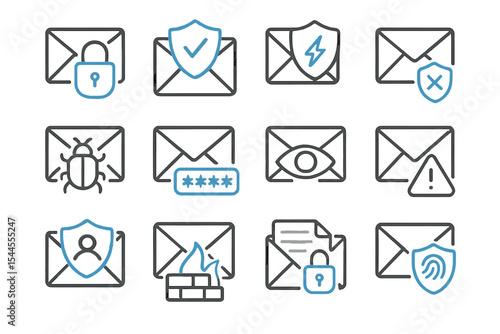 Cybersecurity icons set with envelopes and security symbols on dark background