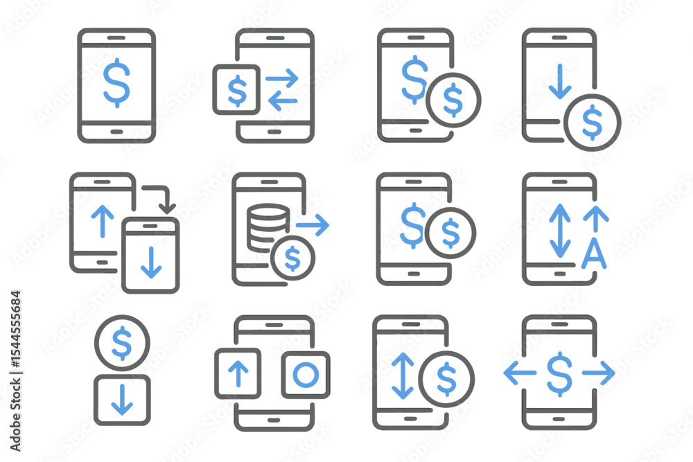 Mobile banking icons with digital money and transfer symbols on gray background Mobile banking icons with digital money and transfer symbols on gray background