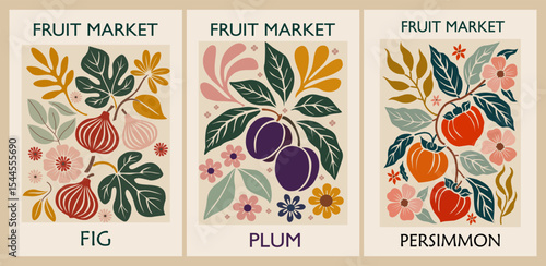 Set of Abstract Fruit Market retro posters. Trendy contemporary wall arts with fig, plum, persimmon fruits design. Modern naive groovy interior decorations, vector art paintings.