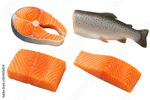 Set of raw salmon and trout fish slices isolated on transparent background