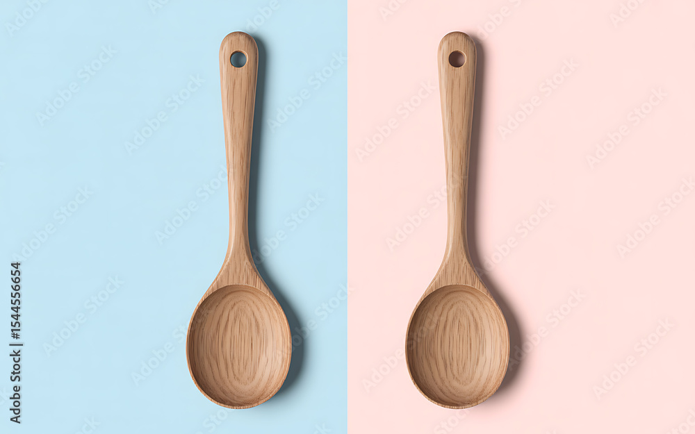 Two wooden spoons on pastel blue and pink background Two wooden spoons on pastel blue and pink background