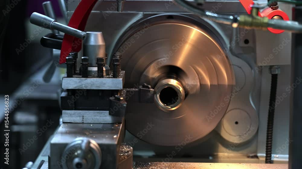 Lathe Machine Cutting Metal Cylinder, High-Speed Spindle in Industrial Workshop Lathe Machine Cutting Metal Cylinder, High-Speed Spindle in Industrial Workshop