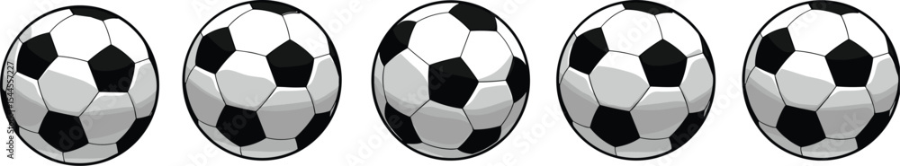 Classic black and white soccer balls, football equipment, isolated on white, sports design, symmetrical arrangement, realistic illustration, team game accessory Classic black and white soccer balls, football equipment, isolated on white, sports design, symmetrical arrangement, realistic illustration, team game accessory