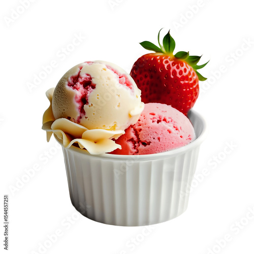 A Delightful Bowl of Strawberry Ice Cream featuring Three Scoops and a Fresh Strawberry Garnishing the Sweet Treat