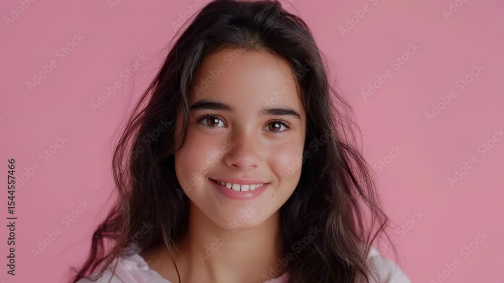 Close-up portrait of a smiling young woman with freckles on a pink background, looking directly at the camera Close-up portrait of a smiling young woman with freckles on a pink background, looking directly at the camera