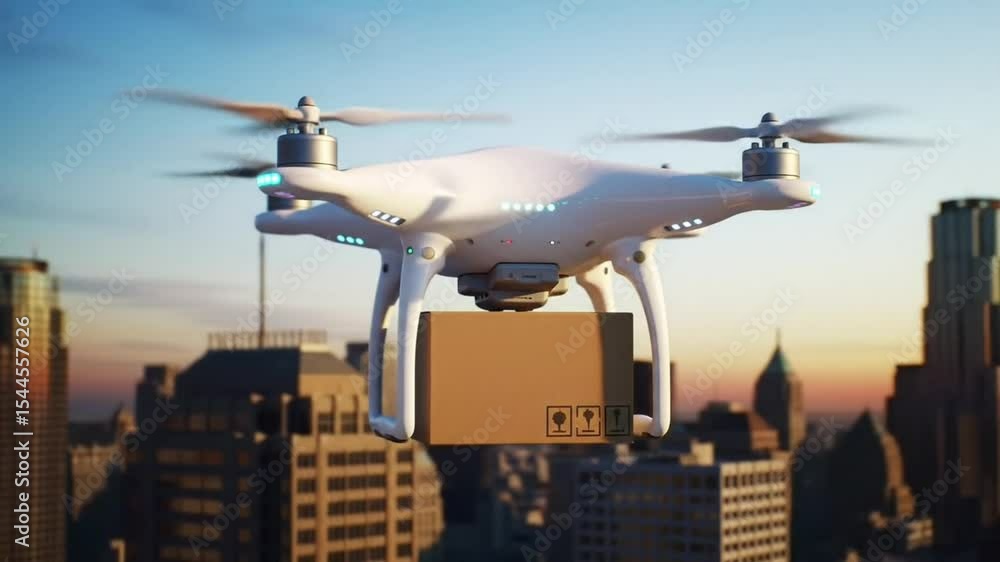 A white delivery drone with four propellers is flying over a city skyline at sunset or sunrise, carrying a cardboard box suspended beneath it. A white delivery drone with four propellers is flying over a city skyline at sunset or sunrise, carrying a cardboard box suspended beneath it.