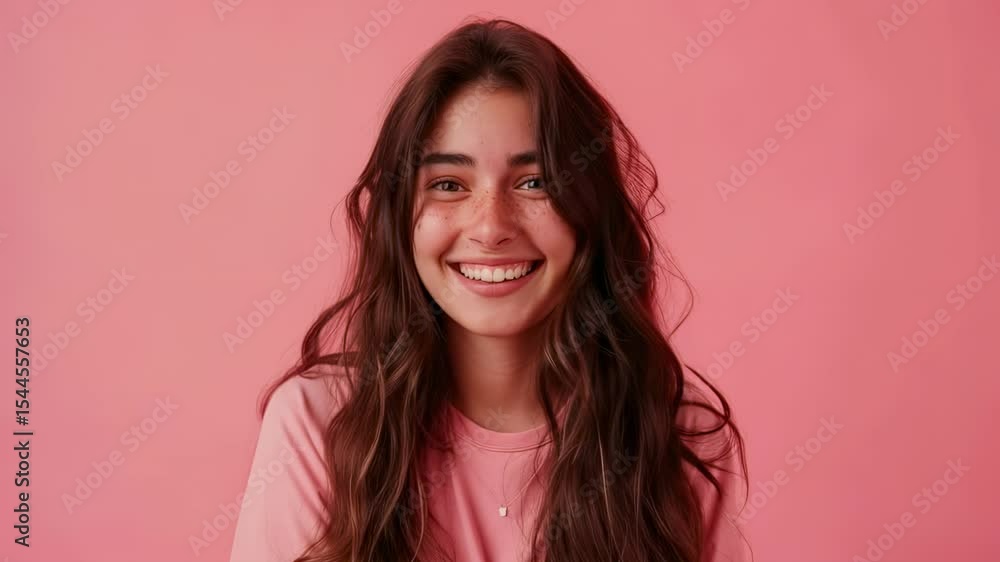 Portrait of a smiling young woman with freckles against a pink background Portrait of a smiling young woman with freckles against a pink background