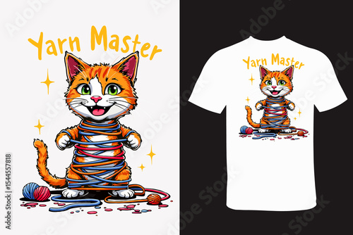 Playful Orange and White Cat Yarn Master T-Shirt Design Featuring Cute Kitten Wrapped in Yarn