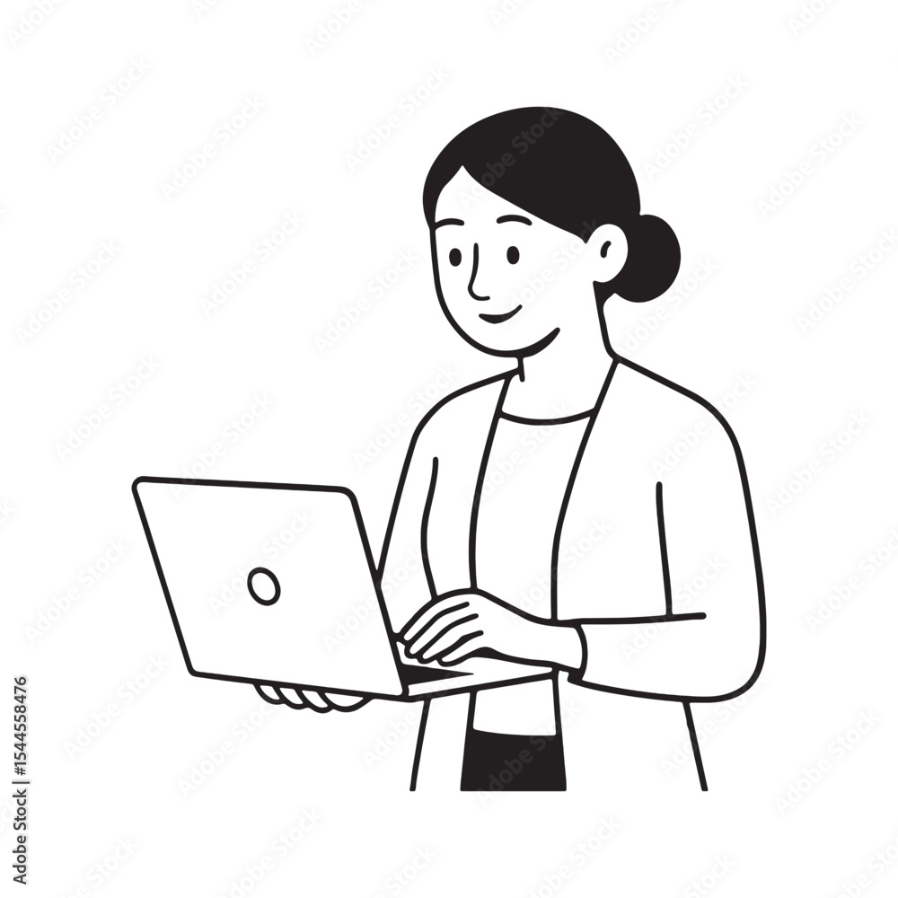 Professional woman working confidently on laptop in minimal line drawing style Professional woman working confidently on laptop in minimal line drawing style