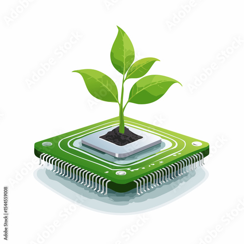 A small green plant grows from a microchip, symbolizing the fusion of nature and technology