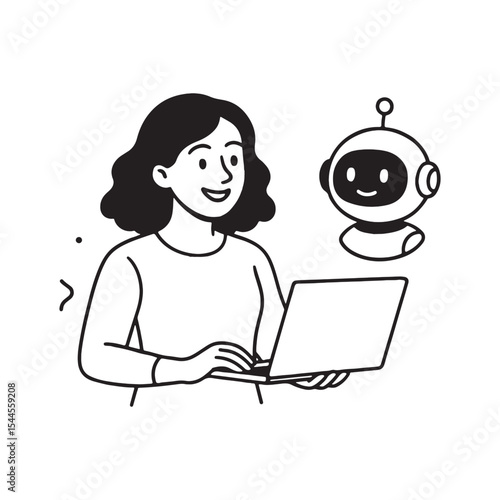 Woman happily working on laptop while chatting with friendly robot.