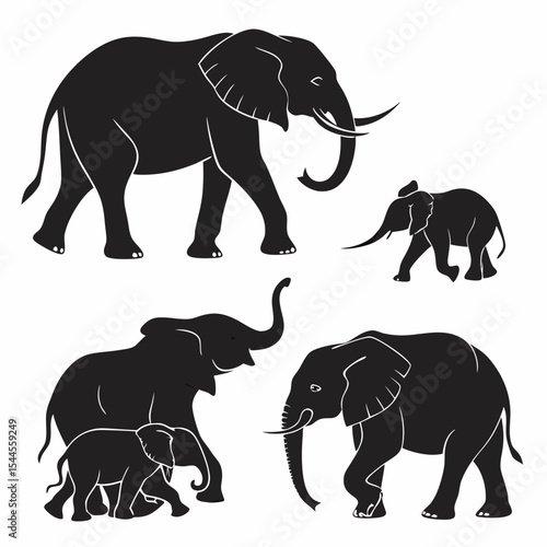 Elephant Silhouette Vector Set on White Background