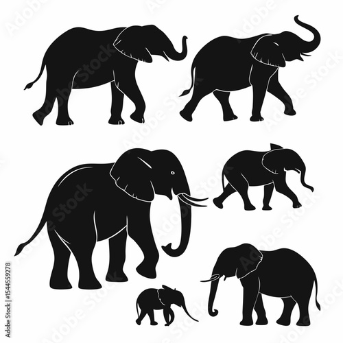 Elephant Silhouette Vector Set on White Background
