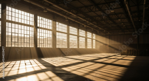 Wallpaper Mural Sun-drenched industrial warehouse with dramatic light and shadow patterns on the vast empty concrete floor, showcasing architectural potential. Torontodigital.ca