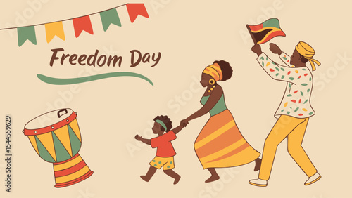 "African-American Families in Cultural Dress Celebrating Freedom Day Parade | Juneteenth Vector Illustration"
