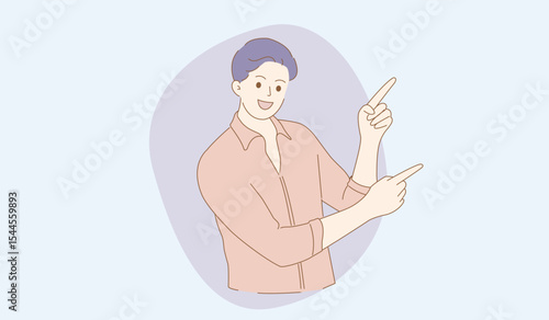 Vector illustration of a cheerful young man smiling and pointing both index fingers upwards and to the side. Friendly, expressive cartoon-style character with casual outfit and wristwatch. Perfect for