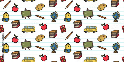 Playful seamless pattern with school themed icons like books, globes, pencils, and buses on notebook style grid background. Great for kids stationery, fabric, wrapping paper. Vector art