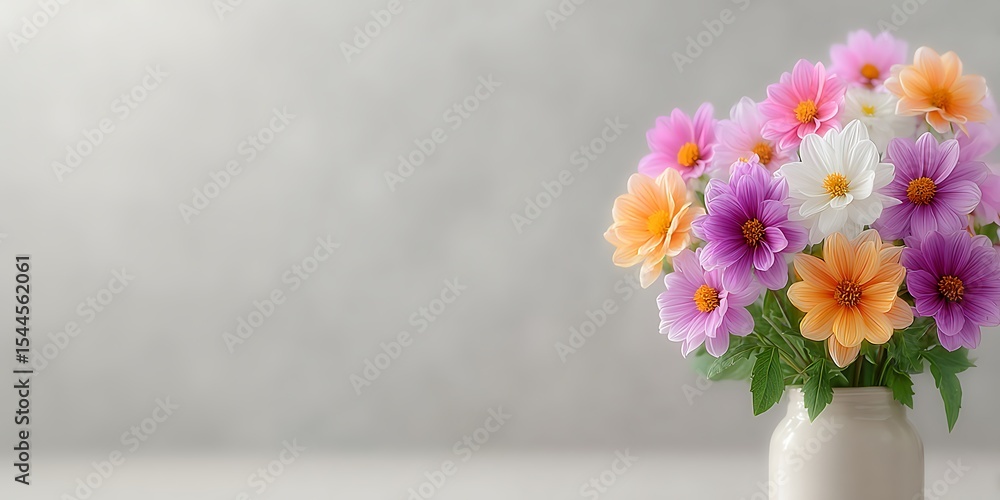 Fototapeta premium Pretty pastel dahlia bouquet in a vase against a gray background