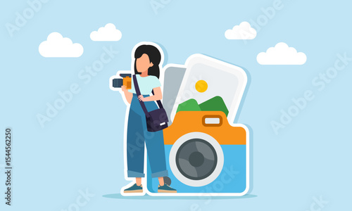 Female photographer photo hunting near camera and photo gallery illustration of capturing images for commercial or personal use
