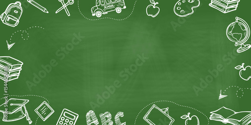 Blank green chalkboard with hand drawn school icons, ideal for text overlays, presentations, lesson plans, or educational banners. Vector art