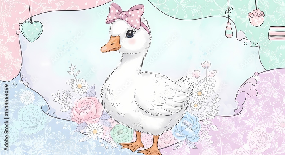 Adorable Goose with Bow Floral Pastel Background Cute Animal Illustration Perfect for Kids Room Decor Adorable Goose with Bow Floral Pastel Background Cute Animal Illustration Perfect for Kids Room Decor