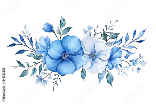 Watercolor blue flower bouquet floral arrangement decorative element on transparent background