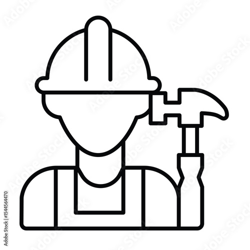 Builder man and hammer thin line icon, construction concept. Vector graphics. Worker with hammer tool sign on white background, style mobile or design.