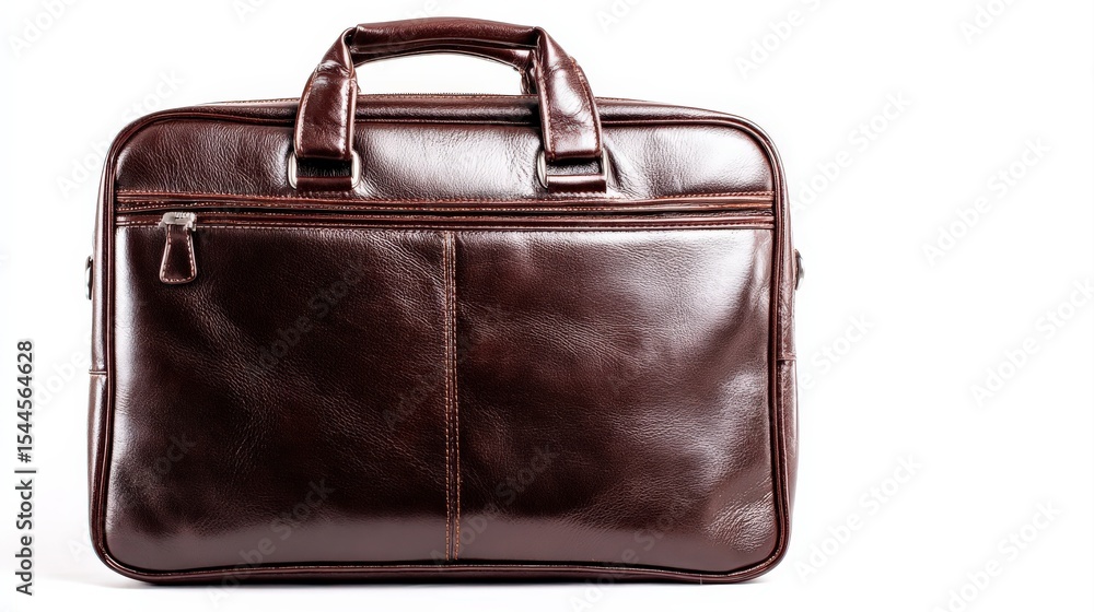 A dark brown leather briefcase with handles and a front zipper pocket, set against a white background. A dark brown leather briefcase with handles and a front zipper pocket, set against a white background.