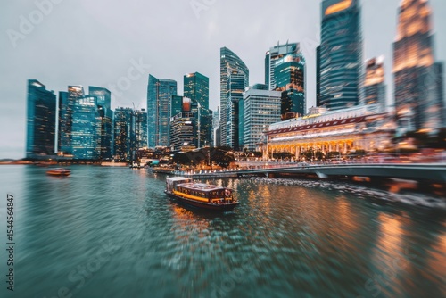 Blurred busy financial district skyline (e.g., generic skyscrapers, not identifiable cities). 