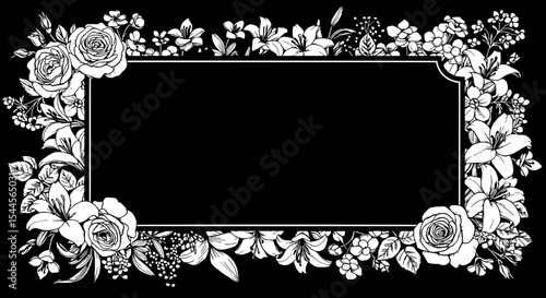 Floral Frame for Text: A detailed black and white image features an elegant rectangular frame adorned with an intricate arrangement of roses, lilies, and other botanical elements.