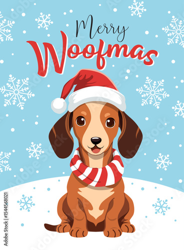 Christmas Pet Dog Isolated Pattern, Merry Woofmas Text with Snowflakes- Christmas Pet Dog Vector Illustration
