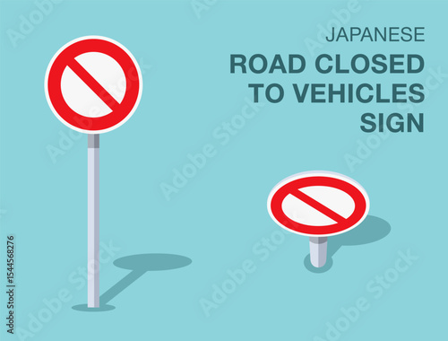 Traffic regulation rules. Isolated japanese "road closed to vehicles" road sign. Front and top view. Flat vector illustration template.