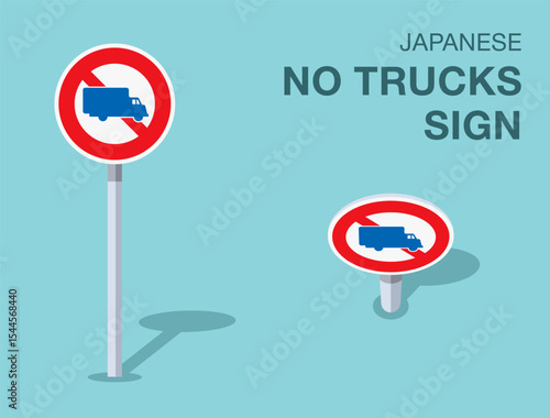 Traffic regulation rules. Isolated japanese "no trucks" road sign. Front and top view. Flat vector illustration template.