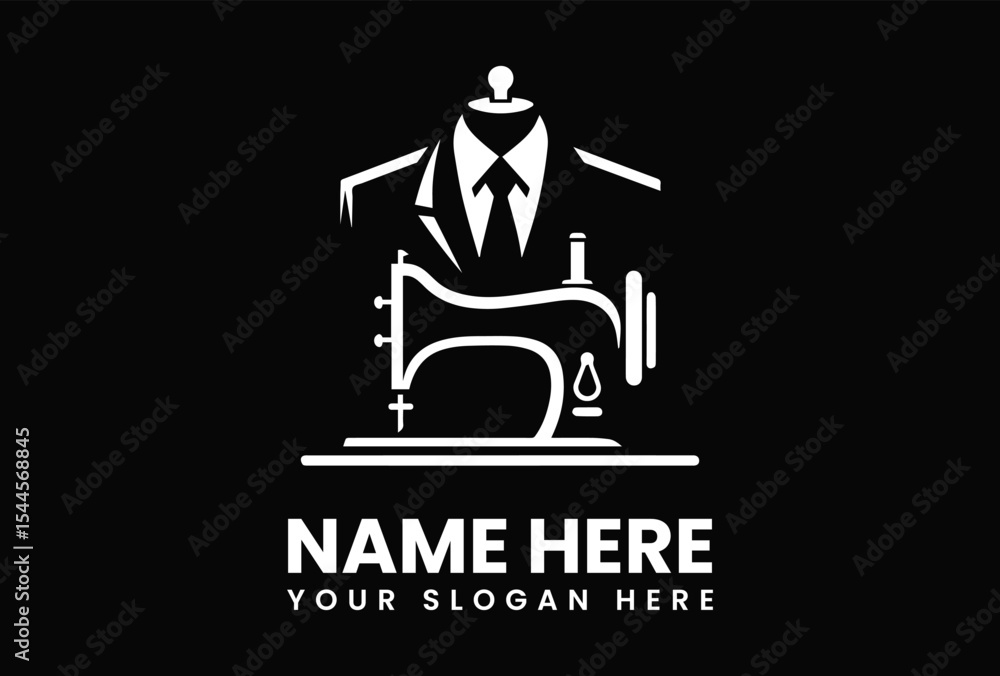 Naklejka premium A logo featuring a mannequin with a suit above a sewing machine, with text below on a black background.