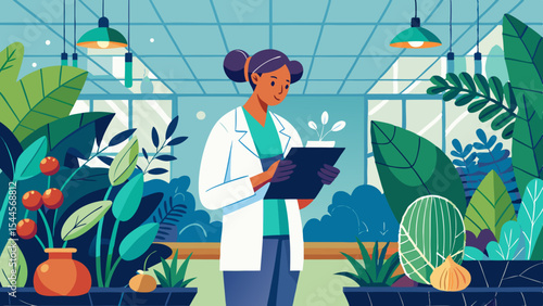 Botanist Studying Plants in Greenhouse Flat Design Botanical Research Scalable Graphic for Branding