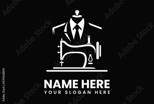 A logo featuring a mannequin with a suit above a sewing machine, with text below on a black background.
