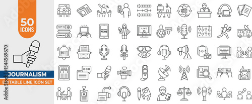 Journalism Line Icon Set – Editable Vector Icons for Press, News, Reporters, Podcasts & Interviews. Editable Stroke. Vector illustration