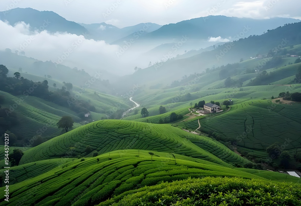 Fototapeta premium Photo of rolling green hills covered with tea plantations, small homes nestled between terraces, and misty mountains fading in background.
