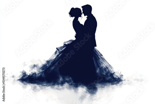 An ethereal wedding silhouette of a couple embracing in a dreamy blue mist on white background. Generative Ai