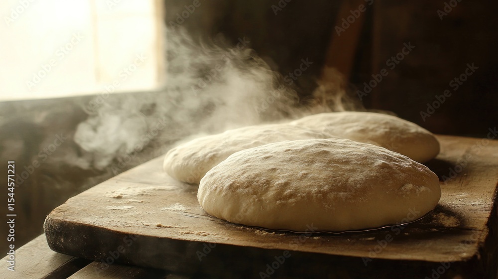 Freshly baked loaves of bread on a wooden cutting board, steam rising Freshly baked loaves of bread on a wooden cutting board, steam rising