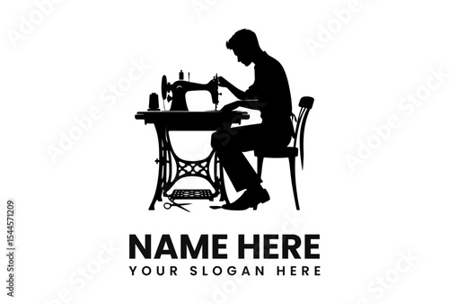 Silhouette of a tailor working at a sewing machine, a logo design template.