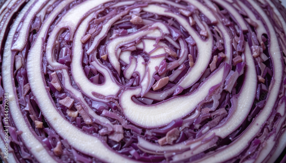 Obraz premium Close-Up Top View of a Sliced Red Cabbage Revealing Inner Swirl Pattern