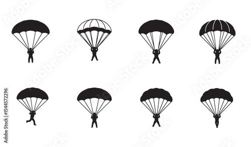 A collection of silhouetted parachuters in different forms showing flight and landing