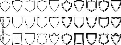 Vector illustration of various shield shapes in black and white for emblems and design elements