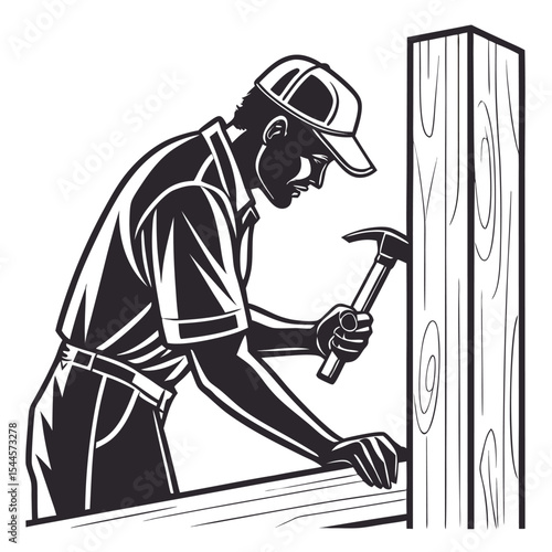 Man silhouette hammering a nail into wood constraction