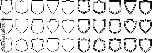 Collection of diverse shield shapes and badges in minimalist outline style over white background