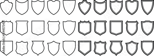 Collection of minimalist shield outlines in various shapes and styles for graphic design and branding