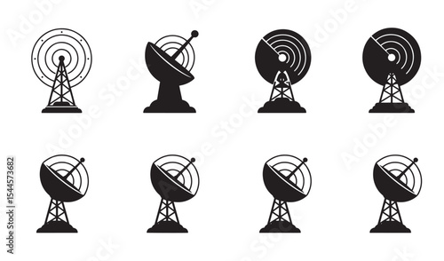 Set of black and white vector illustrations depicting antenna dish and radar systems