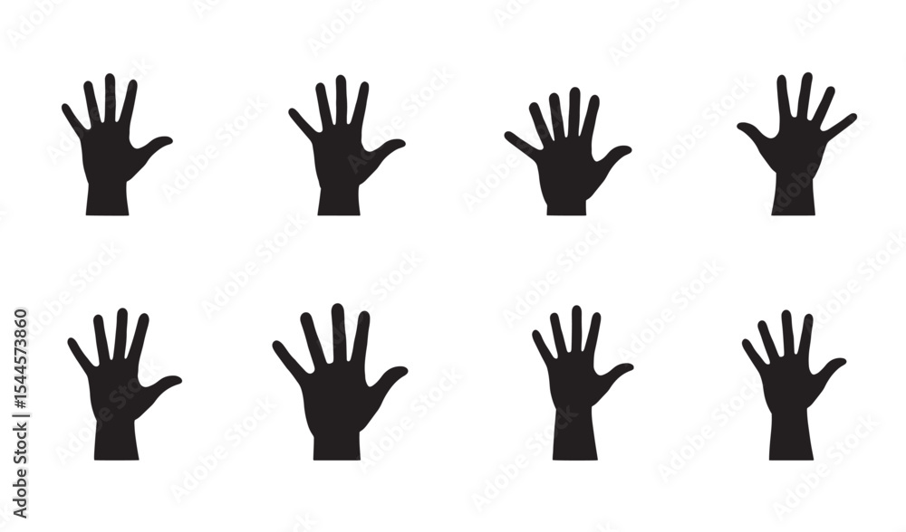 Fototapeta premium Set of eight black hand silhouettes on a white background showing palms with fingers